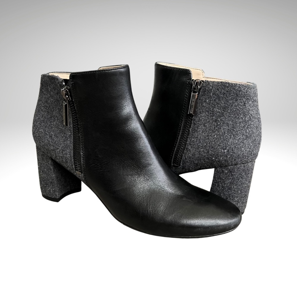 KARL LAGERFELD Susie Ankle Booties Black Leather & Gray Wool Chunky Heel Size 6
